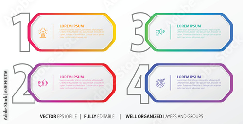 Concept of business model with 4 successive steps. Four colorful graphic elements. Timeline design for brochure, presentation. Infographic design layout
