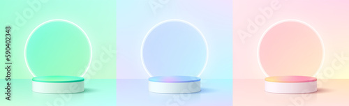 Set of 3D background with yellow, blue green, pink and white realistic cylinder podium, Glow rings neon wall scene. Minimal mockup empty product display. Abstract vector 3D rendering. Stage showcase.