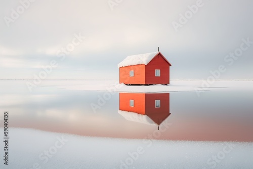 Red cottage in a white wint...