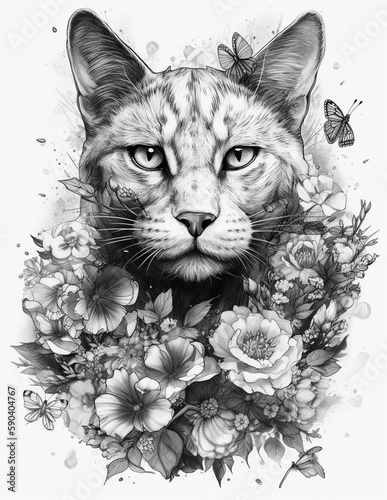 portrait of a cute cat, looking through flowers, drawing, black and white, generated in AI © Andrei
