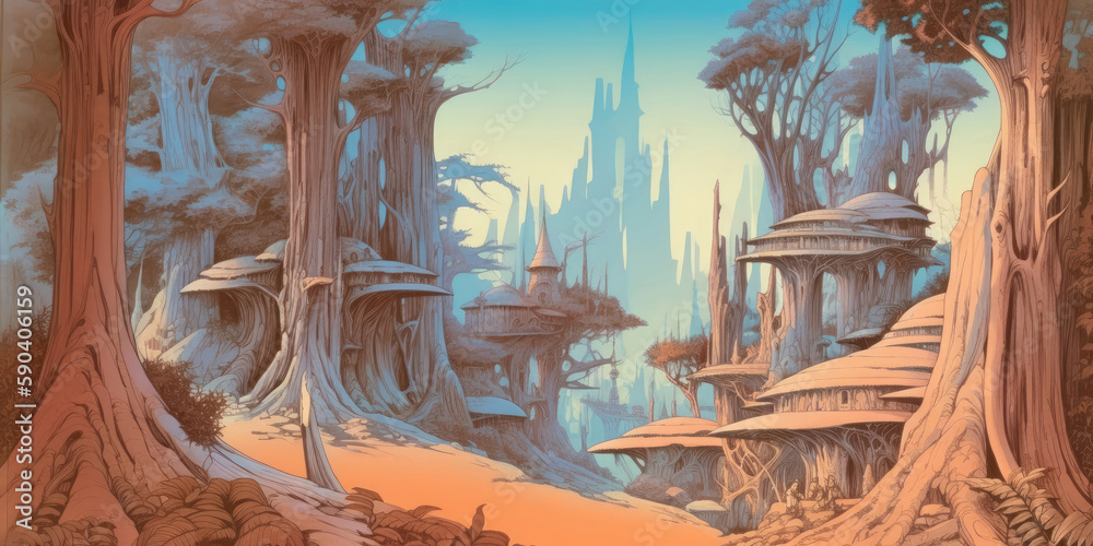 Fantastic natural landscapes, other worlds, other planets, digital illustrations, AI generated