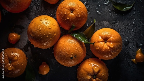 Tangerines with visible water drops. Seamless food photography background created using generative AI tools.