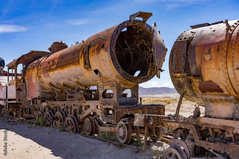 Naklejka premium Abandoned train at the Train Graveyard in the Bolivia Salt Flats.