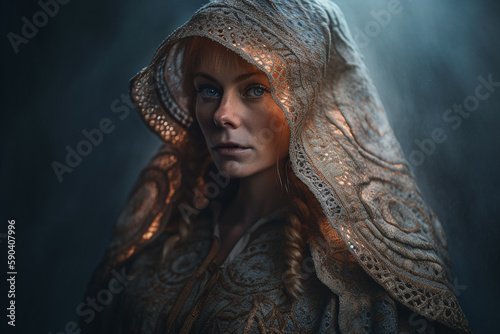 A woman with a hood on her head stands in front of a dark background. Generative Ai