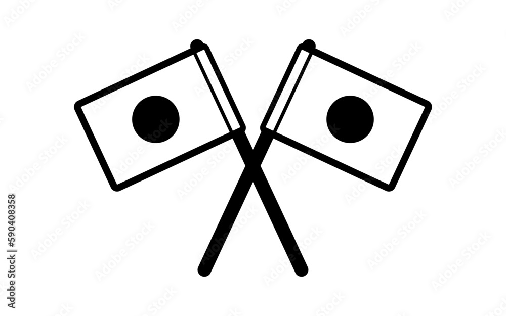 クロスして掲揚している日の丸(日本の国旗)のイラスト(モノクロ) クロスして掲揚している日の丸(日本の国旗)のイラスト(モノクロ)