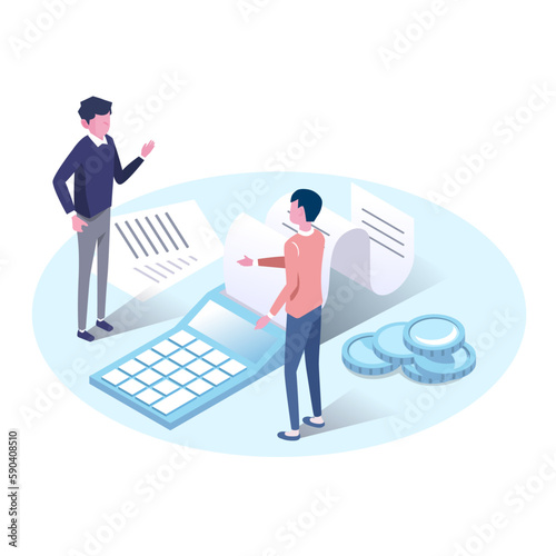 isometric illustration of business people working with calculator and paper, money