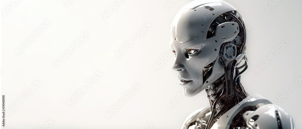 Portrait of cyborg robot head. Generative AI
Portrait of cyborg robot head. Generative AI