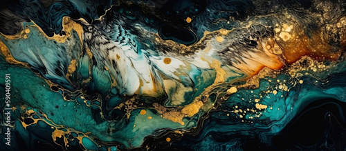 Generative AI illustration in gold and black ink and for an abstract blue marble background. Horizontal, panoramic background.