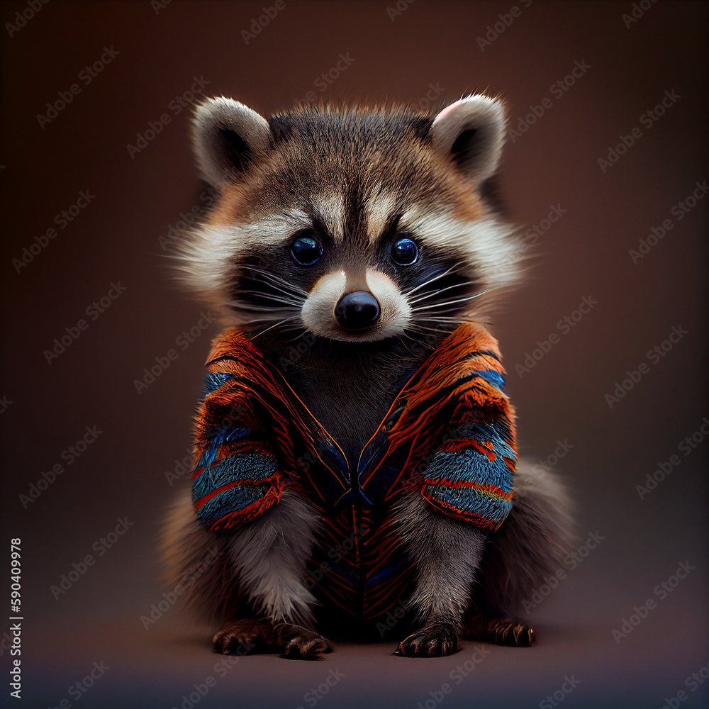 Realistic lifelike mini Baby raccoon cub in striking colourful boho ...