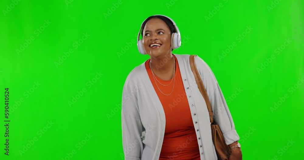Happy, green screen and black woman with headphones, walking and travelling on a studio background. Female, smile and person with headset, streaming music and listening to sounds, excited and explore Happy, green screen and black woman with headphones, walking and travelling on a studio background. Female, smile and person with headset, streaming music and listening to sounds, excited and explore