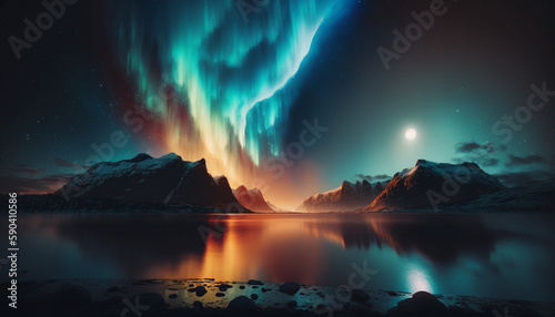 Northern lights, polar aurora, mountain, night sky, colorful landscape, colorful lights in the sky, colorful rays. Generative AI