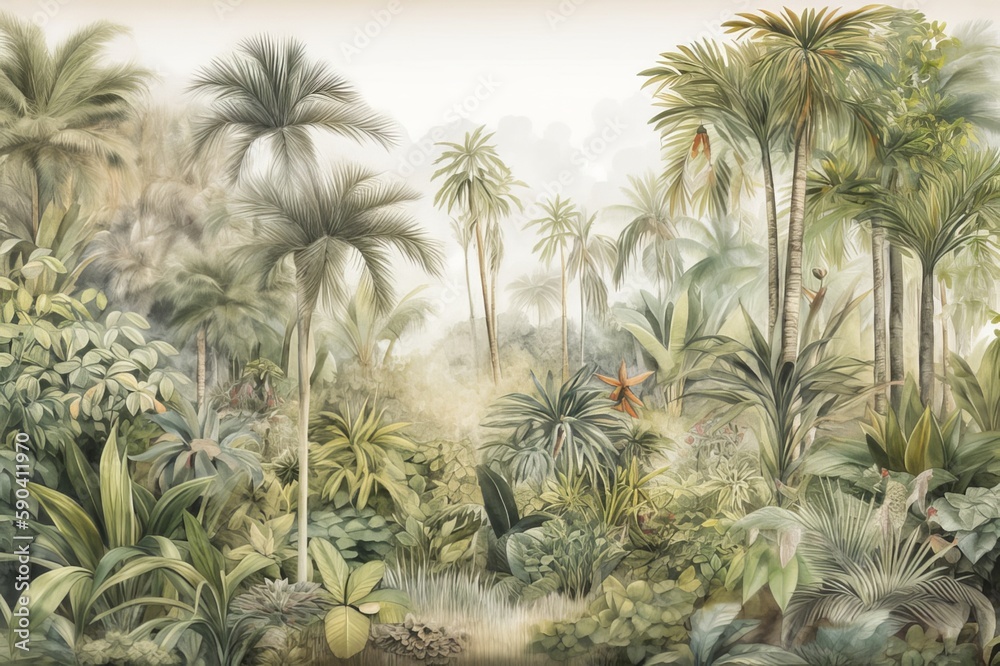 custom made wallpaper toronto digitalTropical plants and palm trees, for texture background photo wallpaper or banner. Wallpaper pattern painted in watercolour. Generative AI illustration