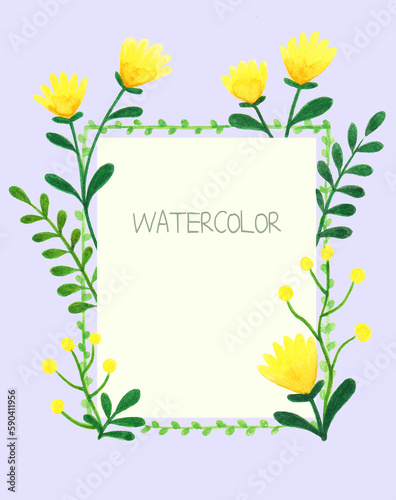 Frame with flowers and plants painted in watercolor, 수채화로 그린 꽃과 식물이 있는 프레임
