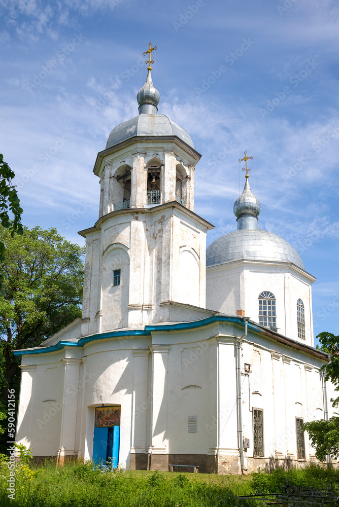 Ancient Church of the Assumption of the Blessed Virgin Mary (1720, architect Gaetano Chiaveri) close-up on a sunny June day. Korostyn village. Novgorod region, Russia Ancient Church of the Assumption of the Blessed Virgin Mary (1720, architect Gaetano Chiaveri) close-up on a sunny June day. Korostyn village. Novgorod region, Russia