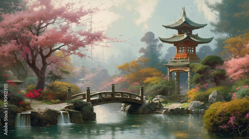 japanese garden in spring painting with pink cherry blossoms Bonsai trees river and castle Generative AI