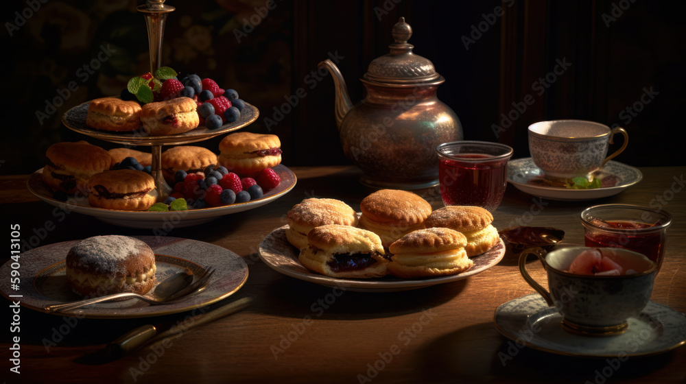 Experience the Timeless Elegance of Afternoon Tea with Savory Bites and Delicate Treats, Food Photography. Generative AI