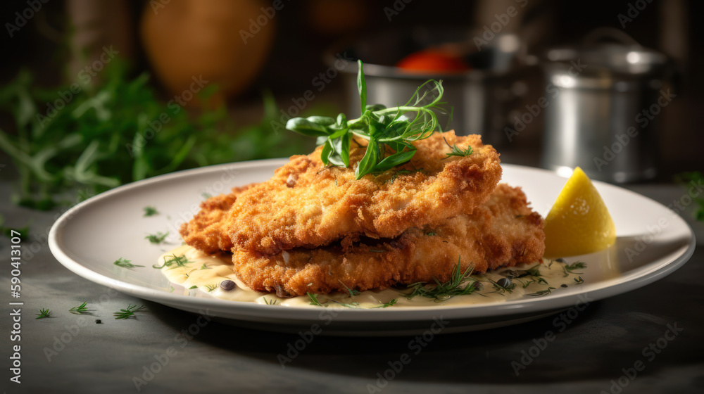 A Traditional Austrian Delicacy: Wiener Schnitzel to Satisfy Your Palate, food photography. Generative AI A Traditional Austrian Delicacy: Wiener Schnitzel to Satisfy Your Palate, food photography. Generative AI