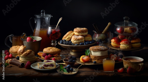 Relax and Unwind with an Exquisite Spread of Scones, Sandwiches, Cakes, and Cookies for Your Afternoon Tea, Food Photography. Generative AI