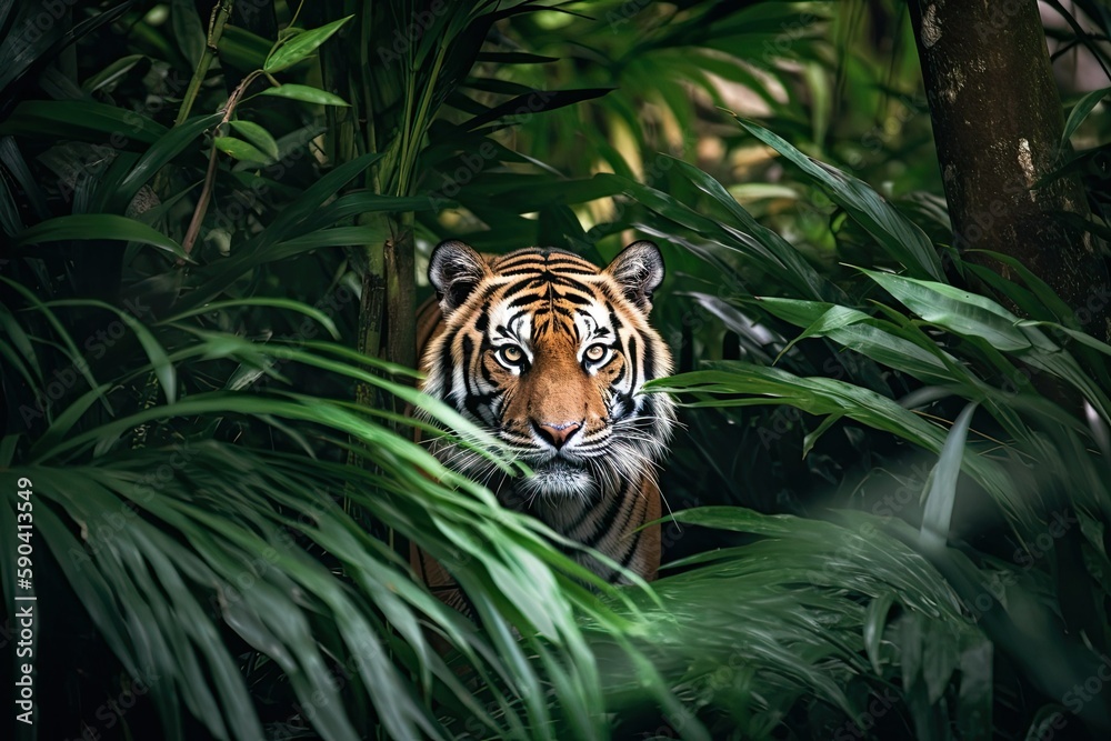 Royal Bengal Tiger surrounded by forest in the sundarbans, Indo-Bangla sundarbans, Endangered animal, world tiger day, Generative AI Royal Bengal Tiger surrounded by forest in the sundarbans, Indo-Bangla sundarbans, Endangered animal, world tiger day, Generative AI