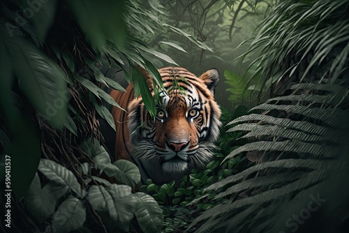 Fotomurale Royal Bengal Tiger surrounded by forest in the sundarbans, Indo-Bangla sundarban