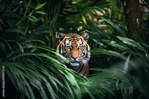 Royal Bengal Tiger surrounded by forest in the sundarbans, Indo-Bangla sundarbans, Endangered animal, world tiger day, Generative AI