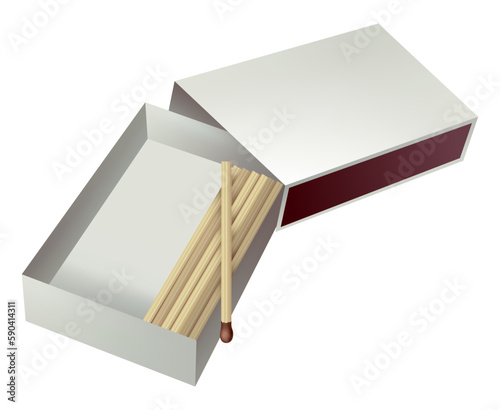 Opened matchbox. Sulphur and wooden sticks lying in open case. Top view and isometric projection vector illustration isolated on white background