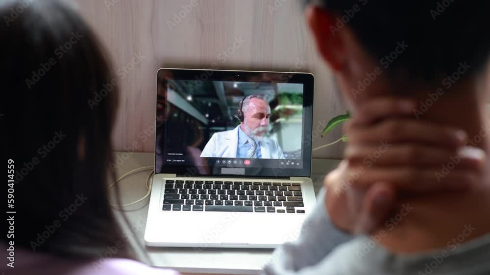 On screen laptop computer. Senior caucasian doctor online video call conference consult patient on laptop computer. Doctor online consultation and telehealth medicine. Headset On screen laptop computer. Senior caucasian doctor online video call conference consult patient on laptop computer. Doctor online consultation and telehealth medicine. Headset