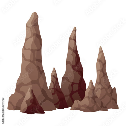 Stalagmite. Icicle shaped upward growing mineral formations in cave. Nature brown limestone, material stone icon. Natural growth geology formations