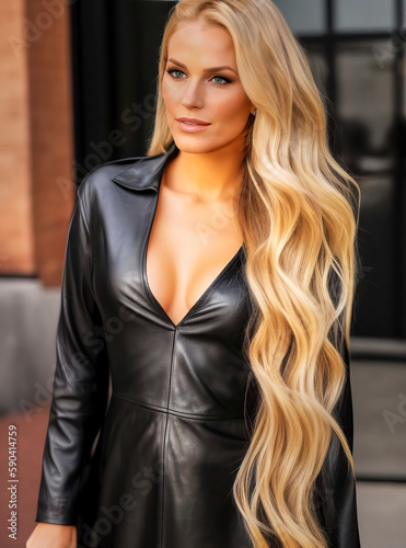 Young blonde woman with extremely long hair and a tight black leather dress with a deep neckline and a stimulating décolleté, made with generative AI