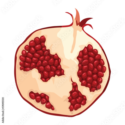 Pomegranate icon. Cartoon isolated summer garnet fruit with ruby seeds, cut slice. Advertising tropical ripe fruit. Vector illustration of healthy food