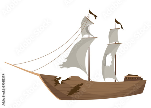 Broken ship icon. Cartoon wooden battered ship with tattered flag and sails after wreck or attack. Destroyed, wreck ship isolated on white background