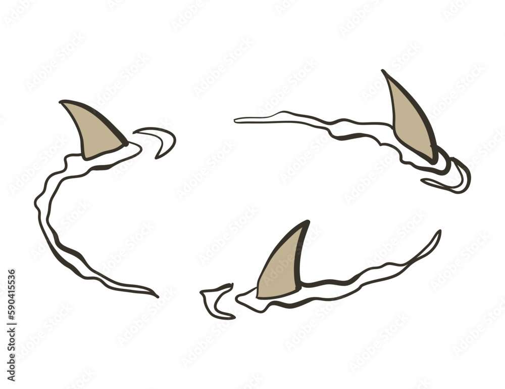 Fototapeta premium Cartoon island pirate map item, sharks. Hand drawn symbols in engraved style of vector illustration isolated on white background