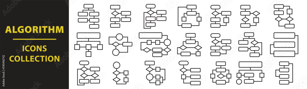 Algorithm icons set. Outlined classification diagram chart sign ...