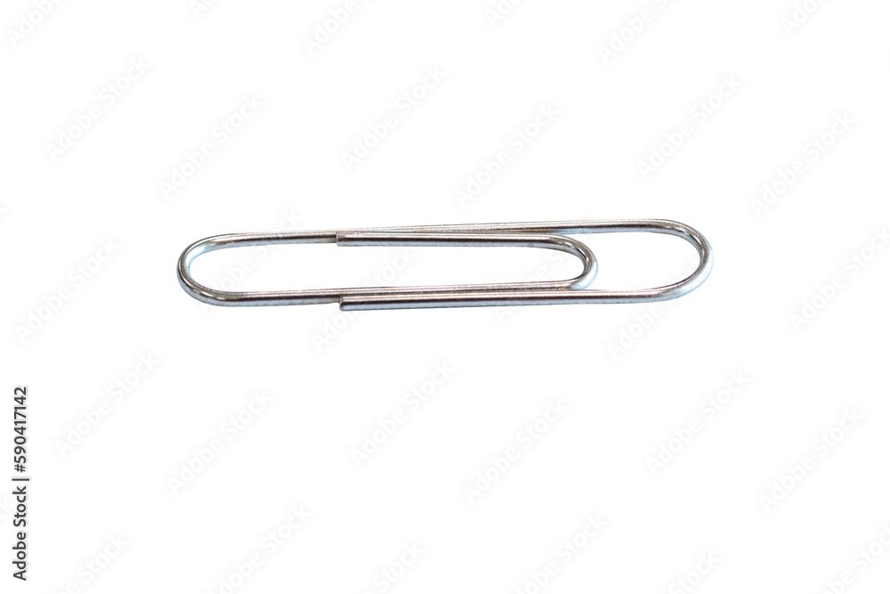 Paper clip isolated on cutout PNG. Is device used to collect small number of documents together temporarily by inserting without damaging paper or document. Wire plated with nickel, and not rust