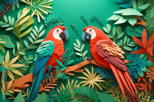 Macaw in amazon rainforest Kirigami card, Create a kirigami paper art featuring A pair of vibrant Macaws perched on a tree branch made of intricately folded paper leaves © ktianngoen0128