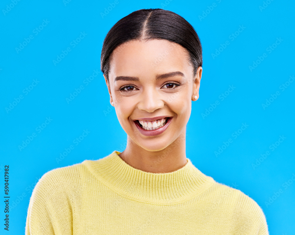 Happy, smile and portrait of woman in studio for relax, beauty and natural makeup. Cosmetics, mindset and happiness with face of female isolated on blue background for glow, cool and satisfaction Happy, smile and portrait of woman in studio for relax, beauty and natural makeup. Cosmetics, mindset and happiness with face of female isolated on blue background for glow, cool and satisfaction