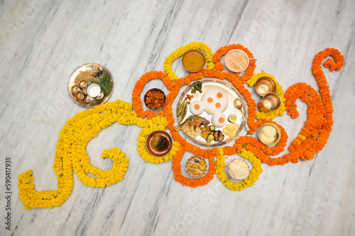 Bengali food thali in kolkata. bengali thali for puja and Pailaboishakh. Bengali Thali with Vegetables , Chicken , Prawn, Ilish and Sweets. design for banner. Restaurant food.