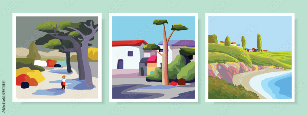 Set of nature landscape, village, mountain vector illustration background.