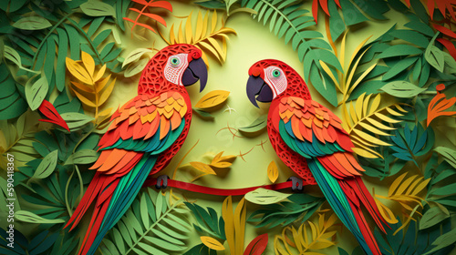 Macaw in amazon rainforest Kirigami card, Create a kirigami paper art featuring A pair of vibrant Macaws perched on a tree branch made of intricately folded paper leaves © ktianngoen0128