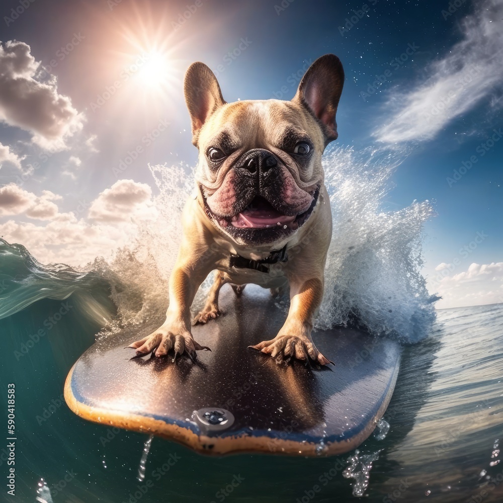 French Bulldog surfing in the sea