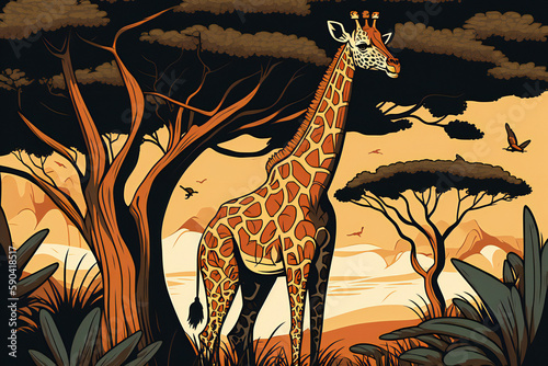 giraffe in the forest vector art created with Generative AI technology