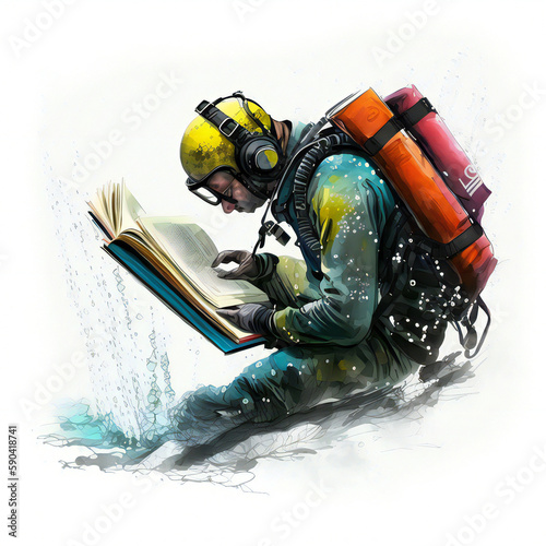 scuba diving reading under the ocean art created with Generative AI technology