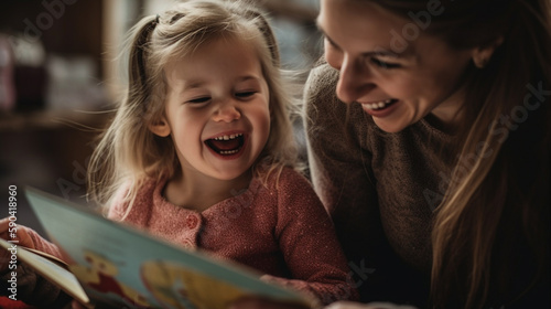 Preschool age girl laughs happily while sitting with her mom reading a story book Generative AI photo
