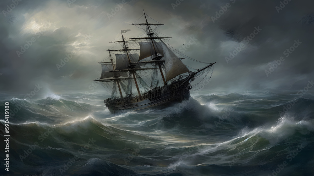 Obraz premium Haunting Beautiful Sailing Ship: A Stunning Illustration of a Majestic Nautical Vessel on the Water - AI Art