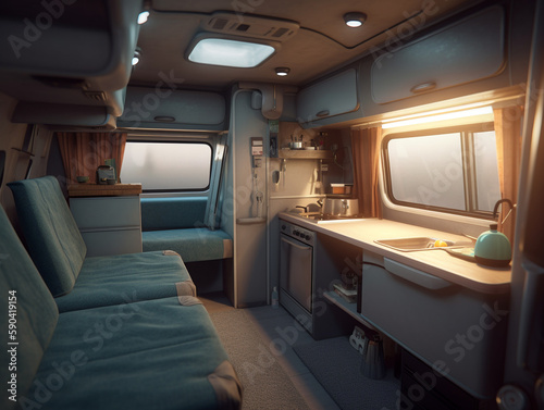 Interior illustration of a camper van. Basic furniture and basic needs are provided. The furniture is built using wood because it is light and easy to build. Windows are provided for natural lighting. © Aisyaqilumar