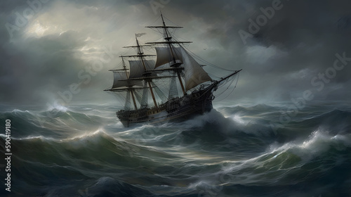 Haunting Beautiful Sailing Ship: A Stunning Illustration of a Majestic Nautical Vessel on the Water - AI Art