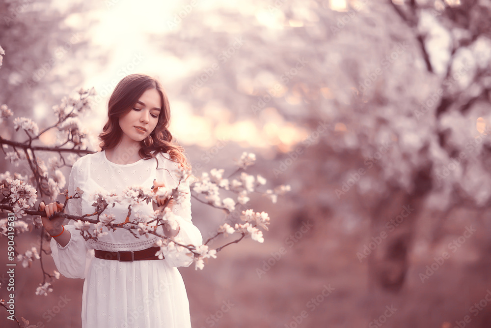 happy girl dreaming in a blooming garden, fresh tenderness spring woman in flowers happy girl dreaming in a blooming garden, fresh tenderness spring woman in flowers