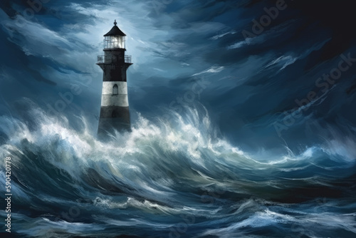 Dramatic Illustration of lighthouse during a rainstorm. big sea waves crashing in foreground. light shining in tower. 