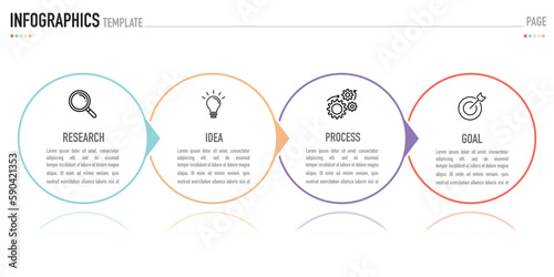 Infographic business template or element as a vector including 4 step or process with colorful label circle shape and black icon on white background and shadow for presentation, simple, minimal style