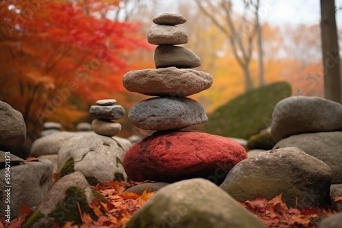 Stone stacks in a Zen garden surrounded by red maple trees. Generative AI